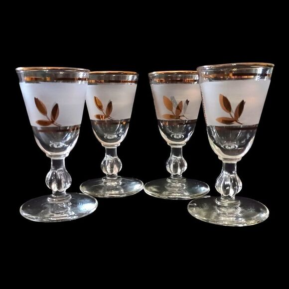 Libbey Golden Foliage Cordial Glasses Frosted Stemmed Gold Oak Leaf MCM Mad Men. - Picture 9 of 16
